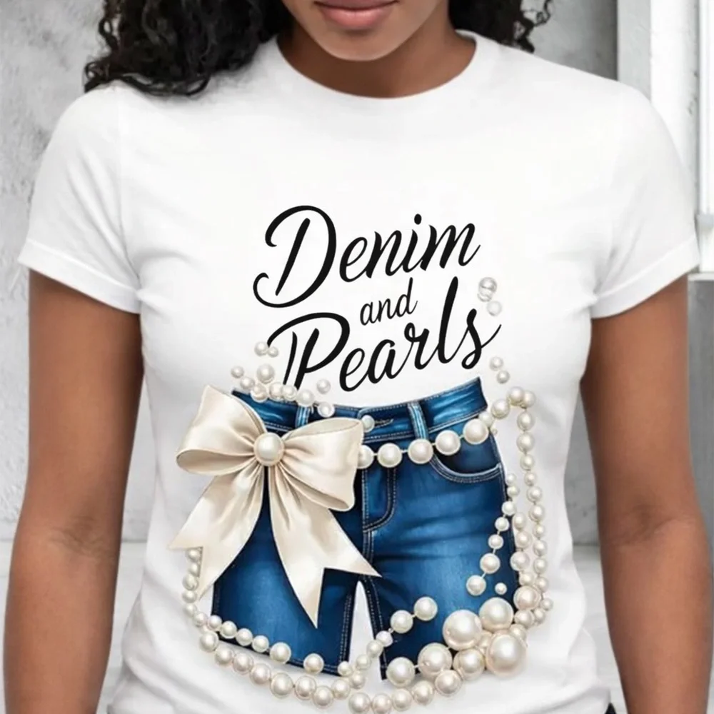 New “Denim and Pearls@ Graphic Tee - White - Picture 13 of 13